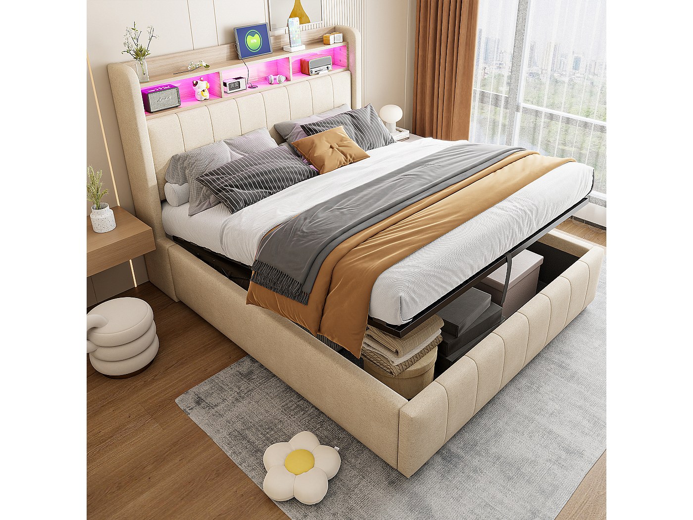 Base letto 140x200 LED e 2 USB, Tipo-c, Letto imbottito matrimoniale con 4 cassetti, Lino, Beige