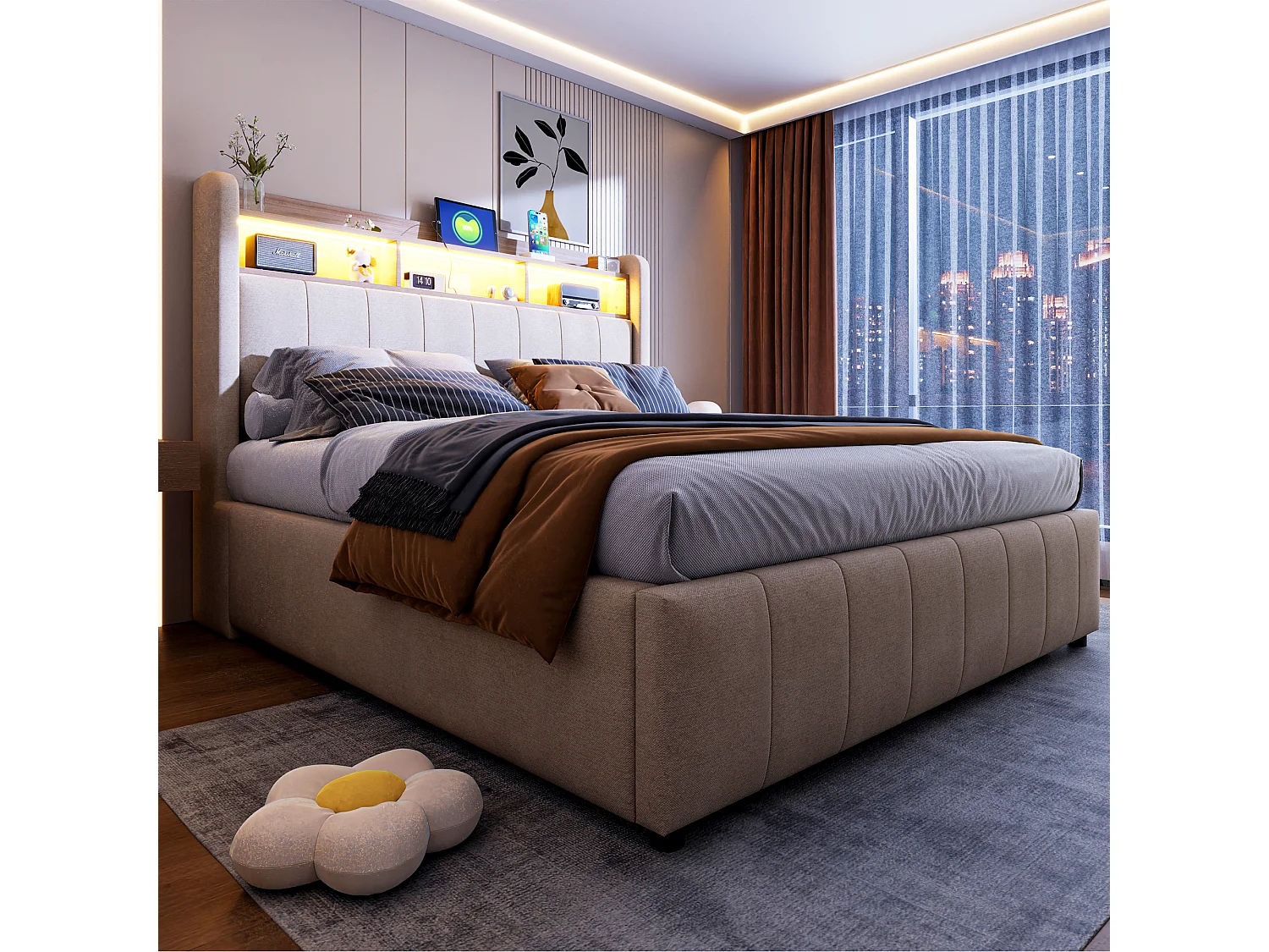 Letto contenitore 140x200cm - Letto per adulti con illuminazione a LED e ricarica USB - testiera con ripiani e contenitore - lino beige