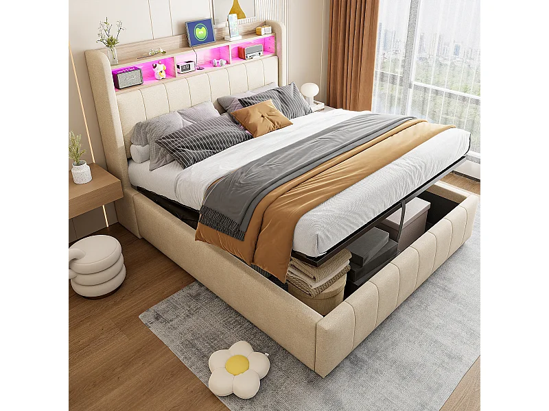 Lit coffre 140x200cm - Lit adulte avec éclairage LED et recharge USB - tête de lit avec étagères et rangements - lin beige