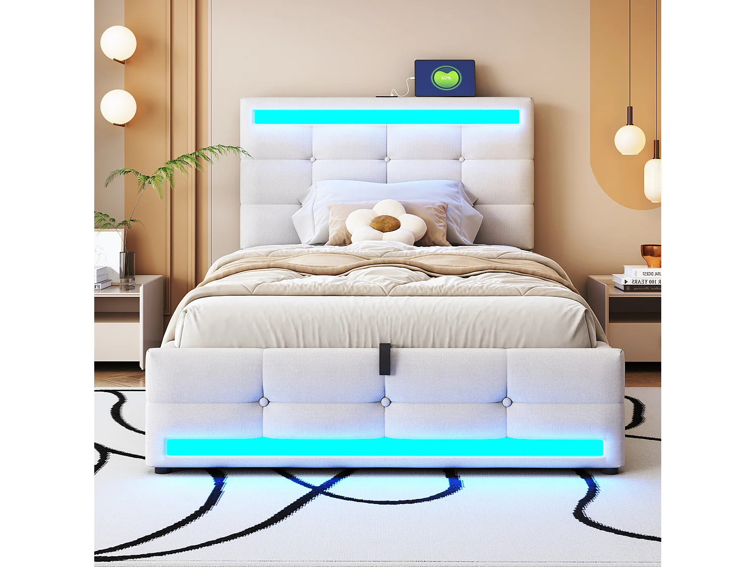 Lit coffre 90x200 cm - Lit enfant avec chargement USB et lumière LED - lin beige-sans matelas