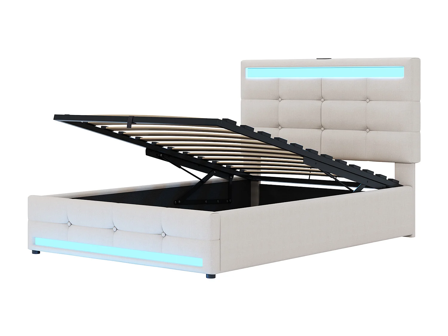 Lit coffre 90x200 cm - Lit enfant avec chargement USB et lumière LED - lin beige-sans matelas