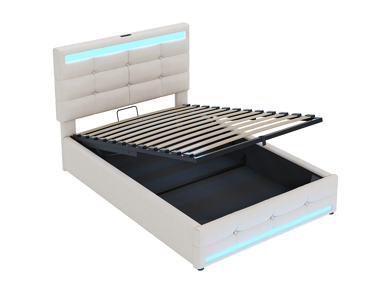 Lit coffre 90x200 cm - Lit enfant avec chargement USB et lumière LED - lin beige-sans matelas