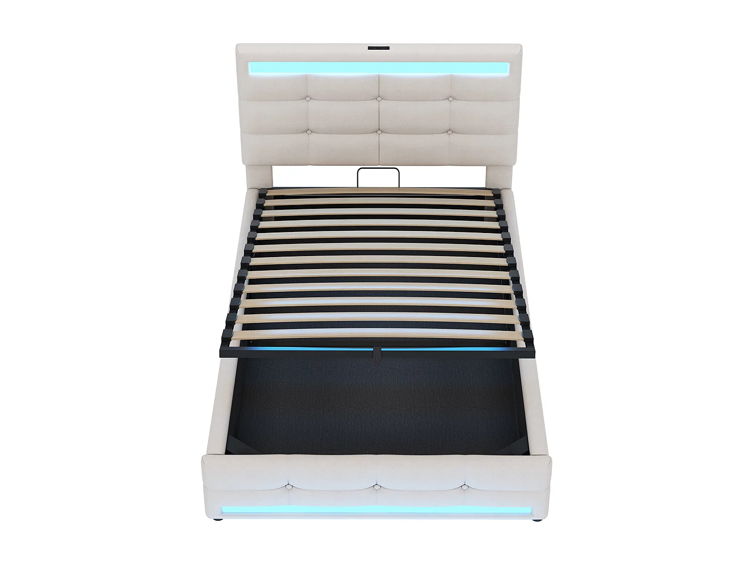 Lit coffre 90x200 cm - Lit enfant avec chargement USB et lumière LED - lin beige-sans matelas