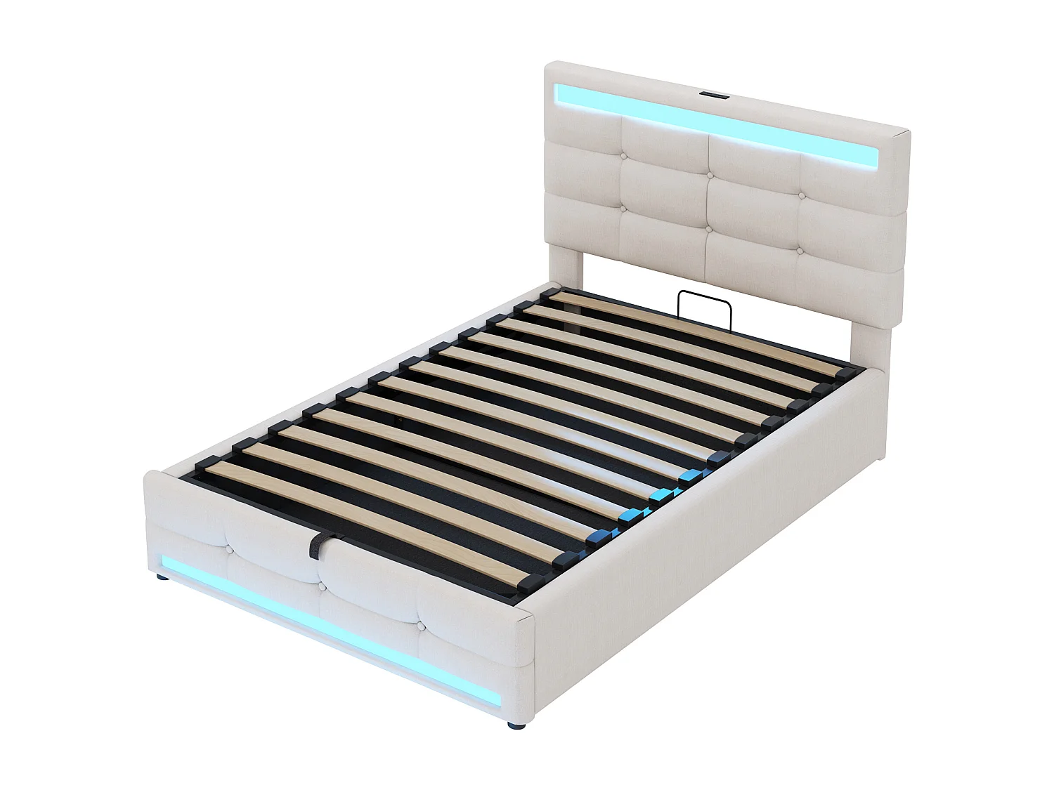 Lit coffre 90x200 cm - Lit enfant avec chargement USB et lumière LED - lin beige-sans matelas