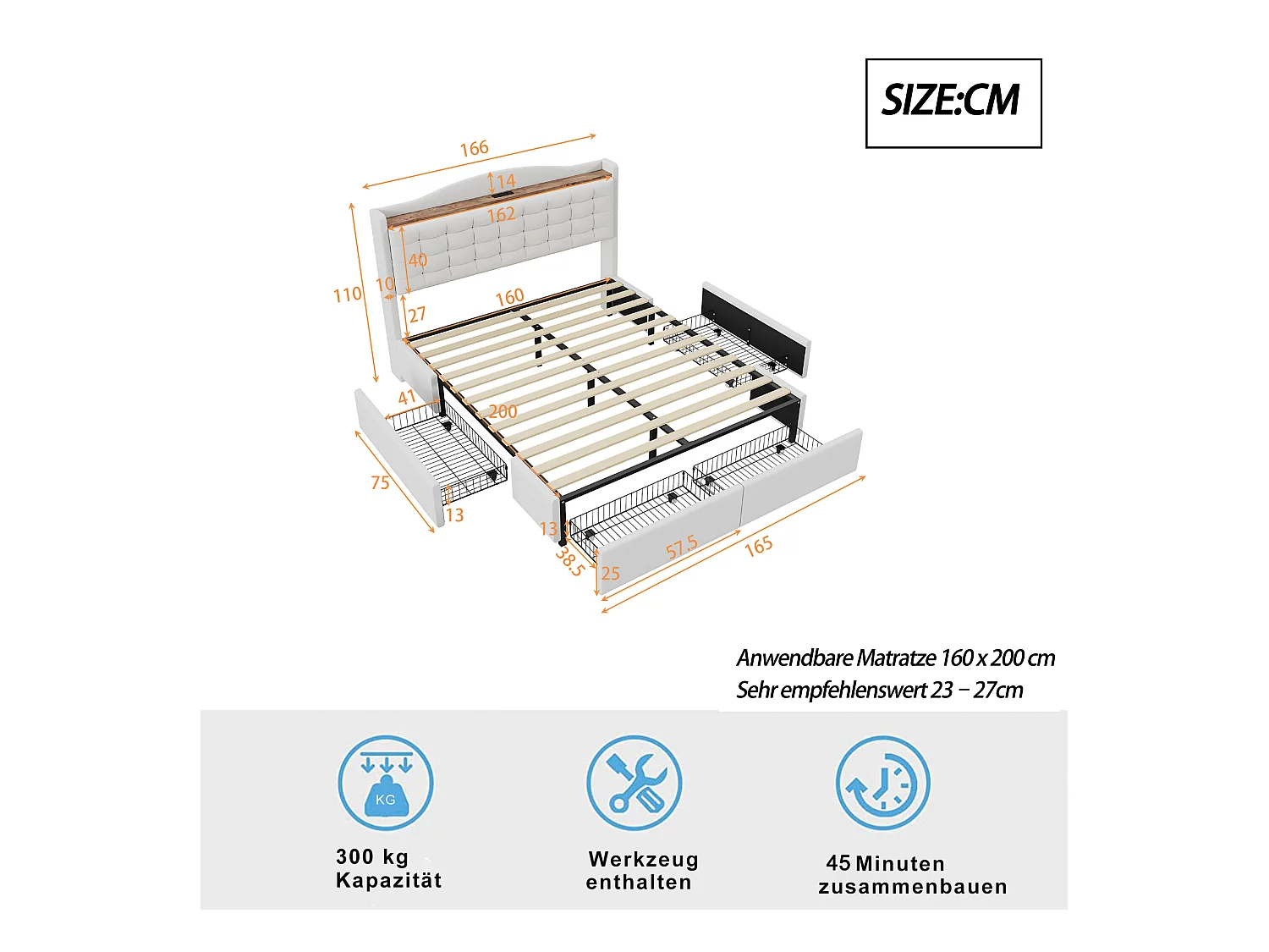Lit adulte 160x200 cm - Cadre de lit avec chargement USB et 4 tiroirs - lin beige - sans matelas