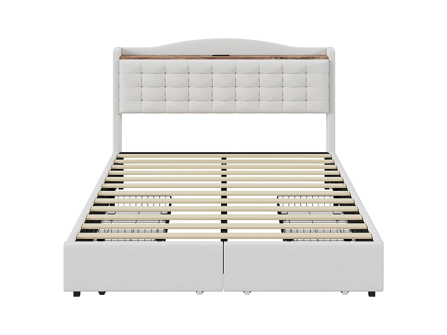 Lit adulte 160x200 cm - Cadre de lit avec chargement USB et 4 tiroirs - lin beige - sans matelas