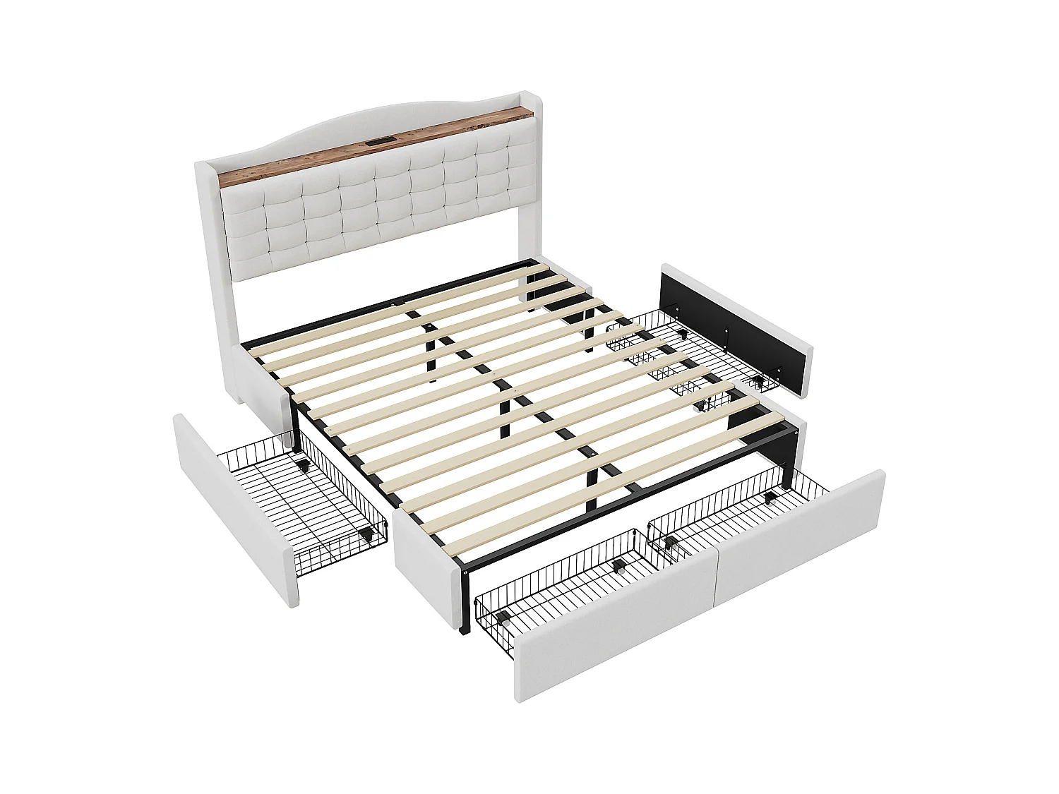 Lit adulte 160x200 cm - Cadre de lit avec chargement USB et 4 tiroirs - lin beige - sans matelas