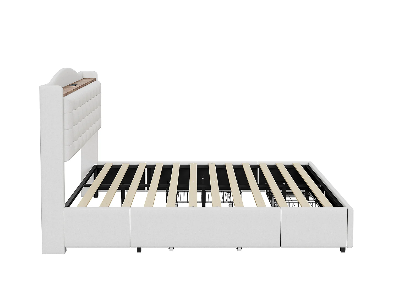 Lit adulte 160x200 cm - Cadre de lit avec chargement USB et 4 tiroirs - lin beige - sans matelas