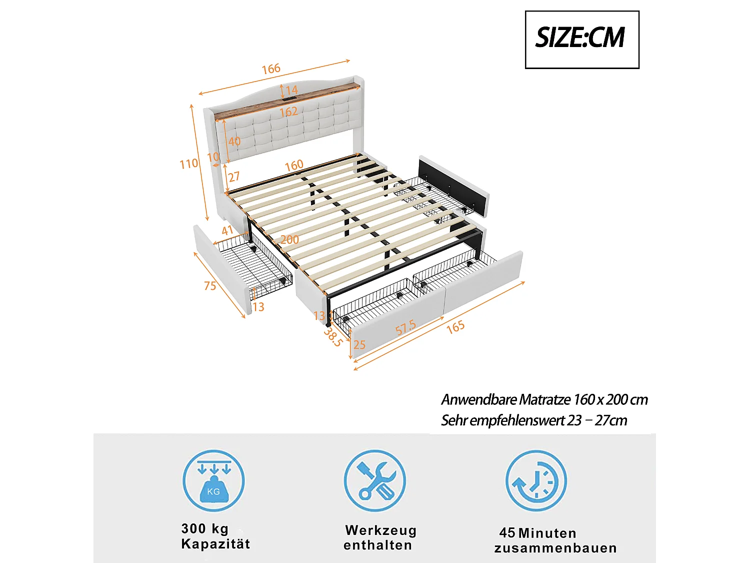 Lit adulte 160x200 cm - Cadre de lit avec chargement USB et 4 tiroirs - lin beige - sans matelas