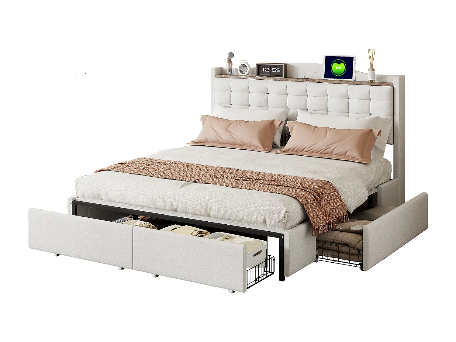 Lit adulte 160x200 cm - Cadre de lit avec chargement USB et 4 tiroirs - lin beige - sans matelas