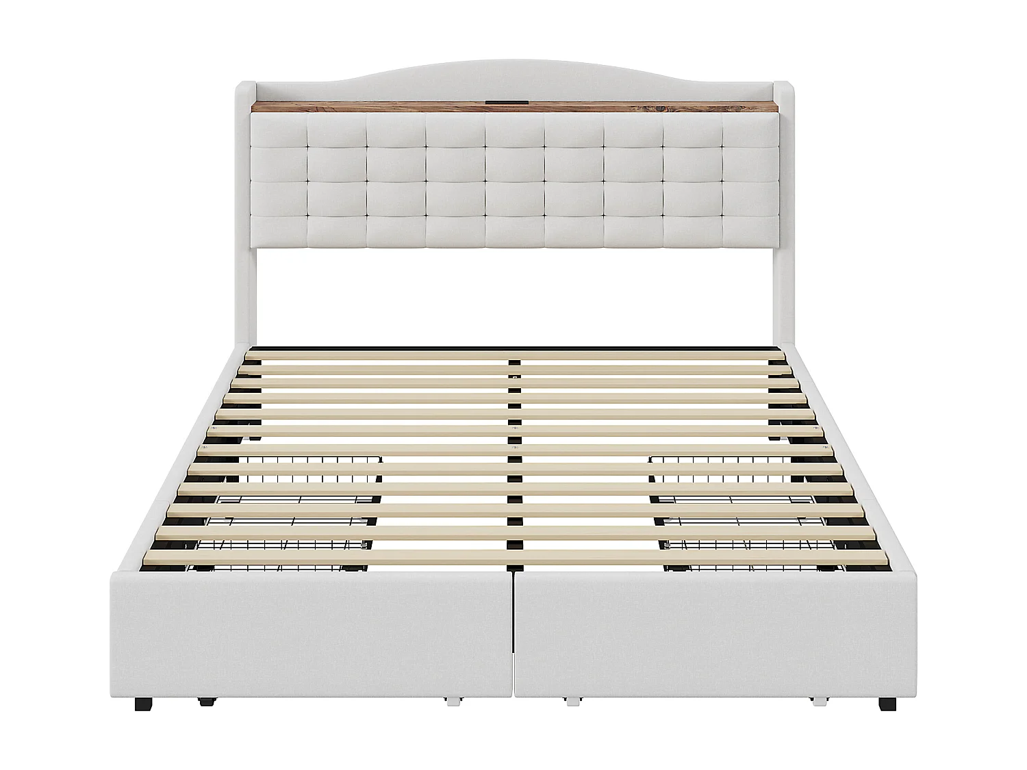 Lit adulte 160x200 cm - Cadre de lit avec chargement USB et 4 tiroirs - lin beige - sans matelas
