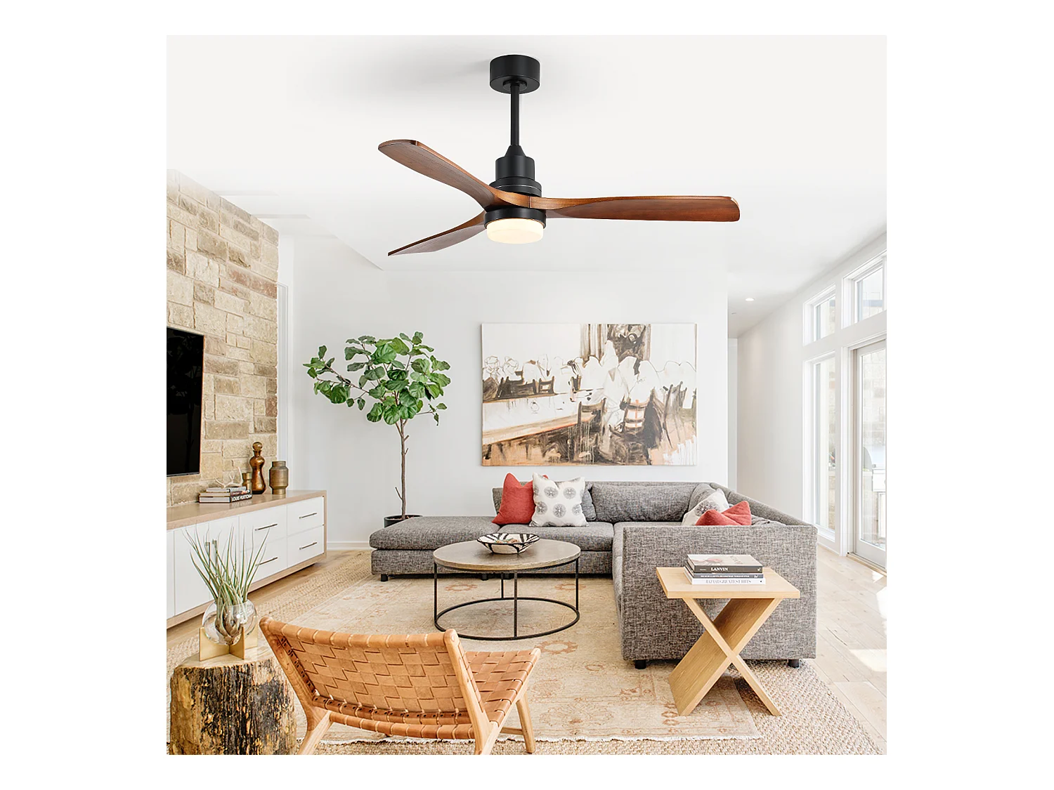 Ventilateur de plafond en noyer – Ventilateur de plafond avec éclairage LED et télécommande à 6 vitesses – pour salon