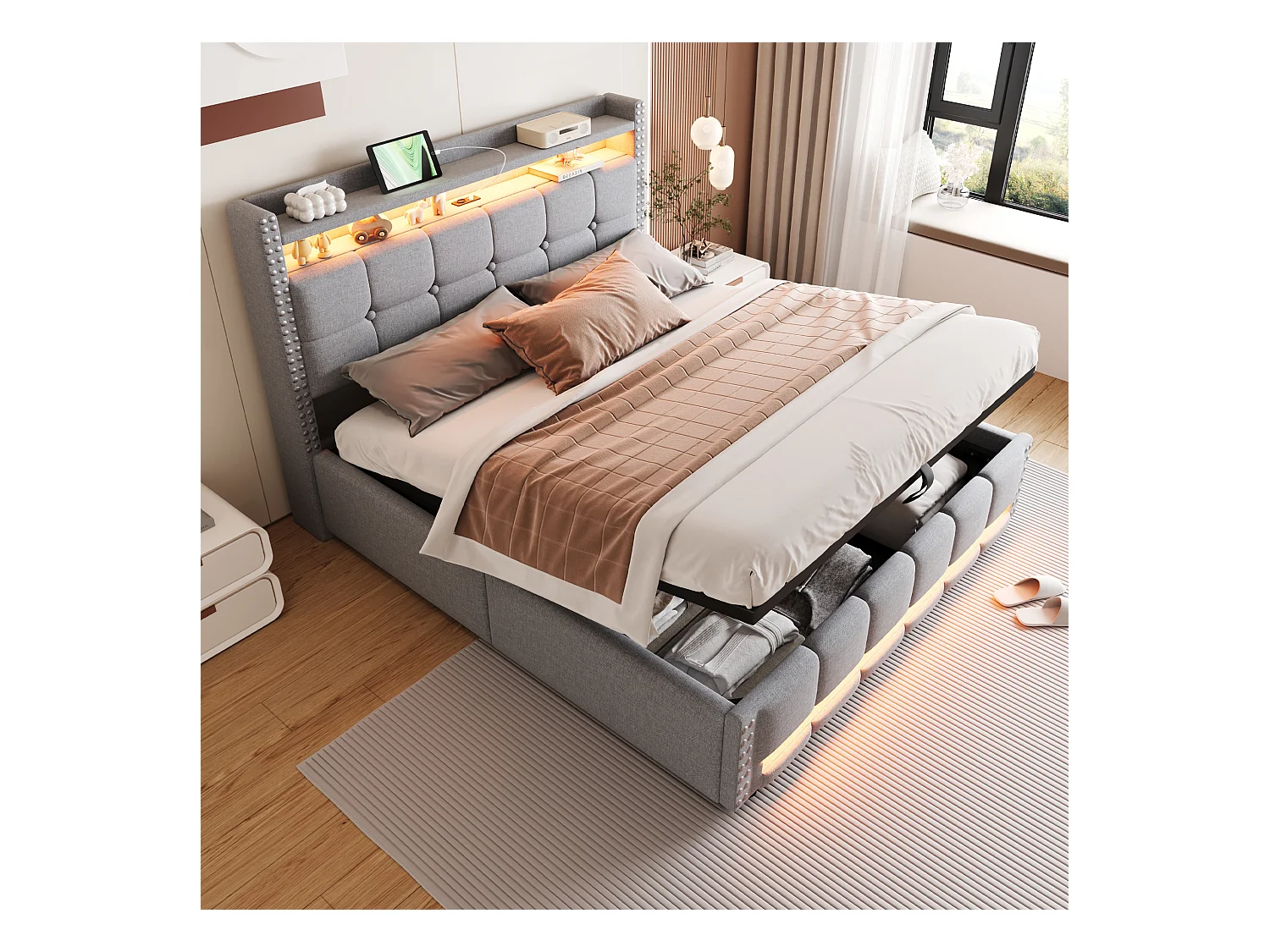 Łóżko z pojemnikiem 140x200 cm - Łóżko dla dorosłych z oświetleniem LED i portem USB - Zagłówek z półkami i schowkiem - Jasnoszary len