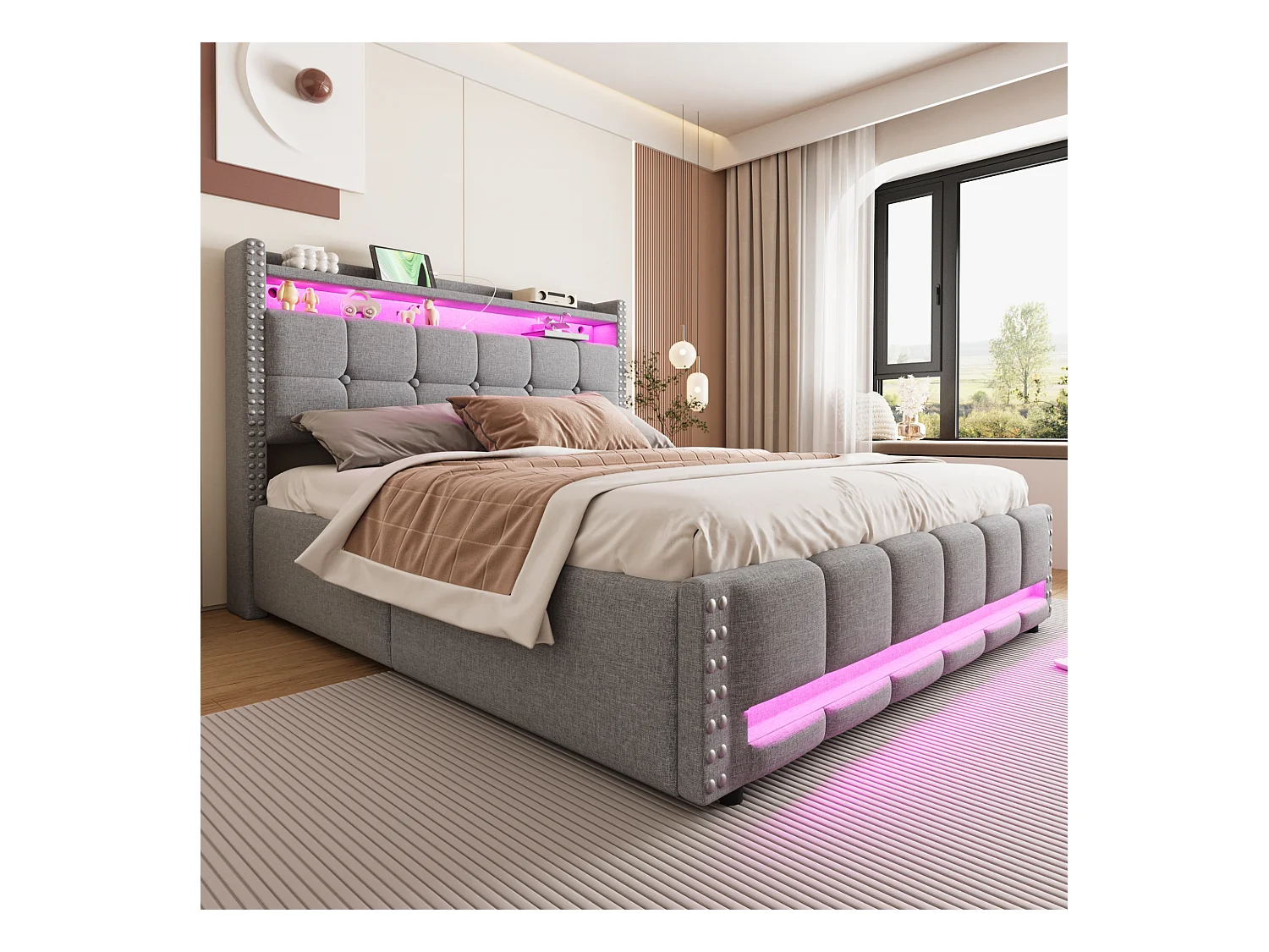 Łóżko z pojemnikiem 140x200 cm - Łóżko dla dorosłych z oświetleniem LED i portem USB - Zagłówek z półkami i schowkiem - Jasnoszary len