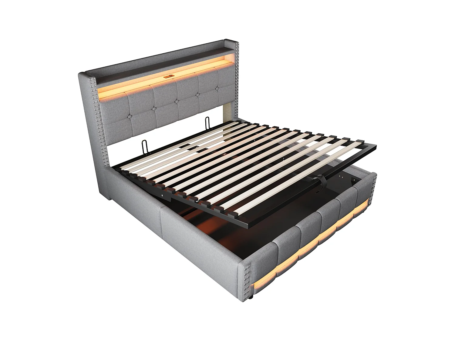 Łóżko z pojemnikiem 140x200 cm - Łóżko dla dorosłych z oświetleniem LED i portem USB - Zagłówek z półkami i schowkiem - Jasnoszary len