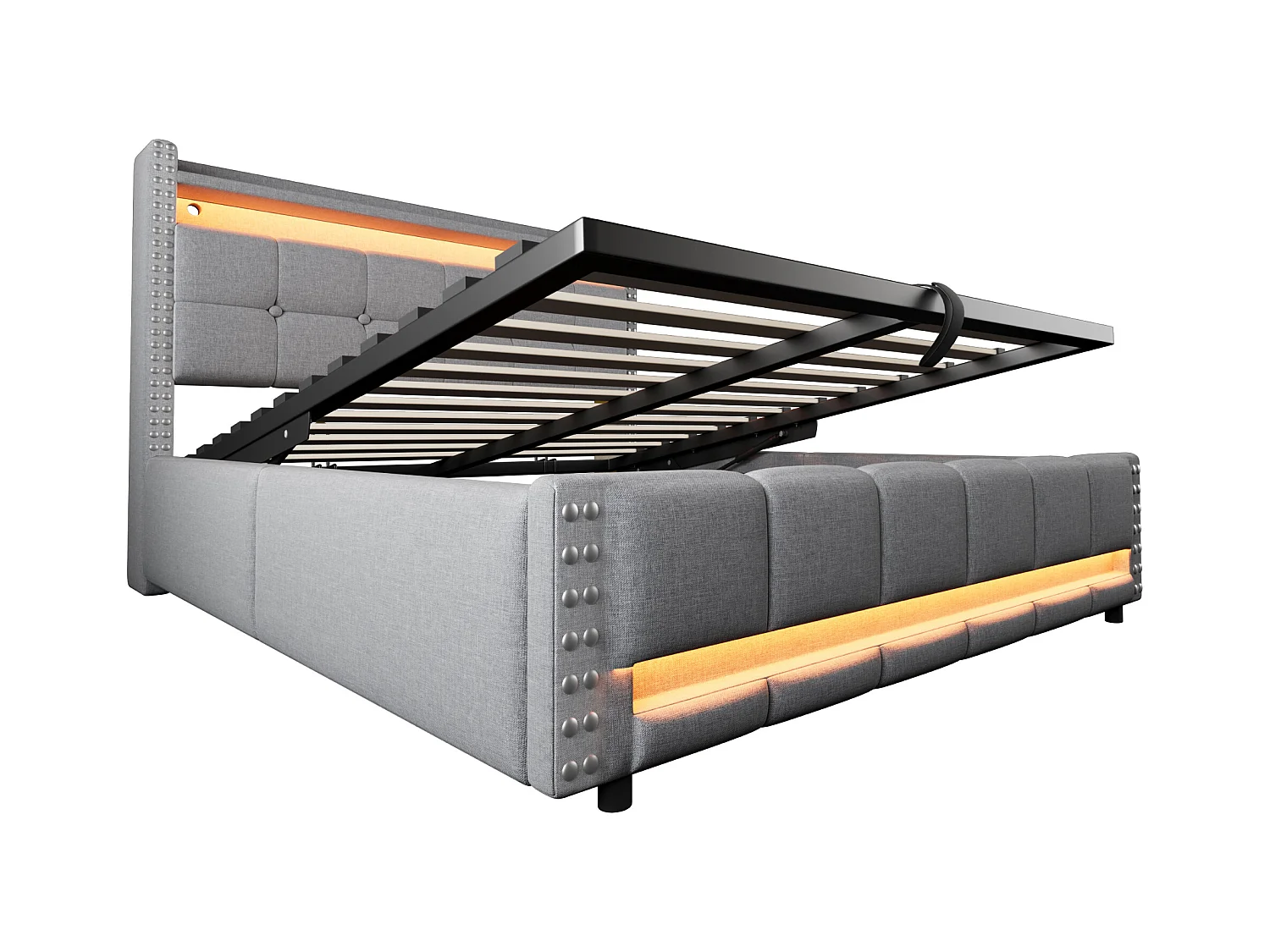 Łóżko z pojemnikiem 140x200 cm - Łóżko dla dorosłych z oświetleniem LED i portem USB - Zagłówek z półkami i schowkiem - Jasnoszary len