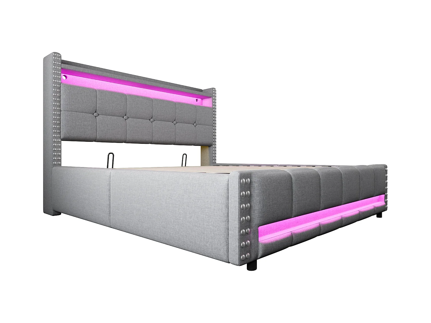 Łóżko z pojemnikiem 140x200 cm - Łóżko dla dorosłych z oświetleniem LED i portem USB - Zagłówek z półkami i schowkiem - Jasnoszary len