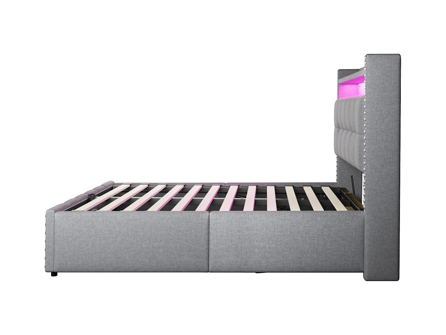 Łóżko z pojemnikiem 140x200 cm - Łóżko dla dorosłych z oświetleniem LED i portem USB - Zagłówek z półkami i schowkiem - Jasnoszary len