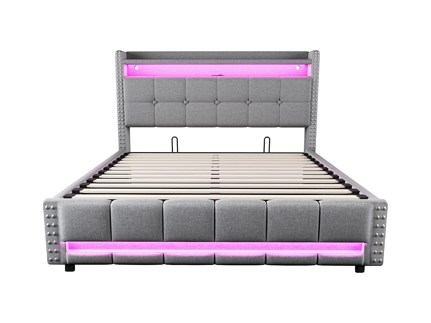 Łóżko z pojemnikiem 140x200 cm - Łóżko dla dorosłych z oświetleniem LED i portem USB - Zagłówek z półkami i schowkiem - Jasnoszary len