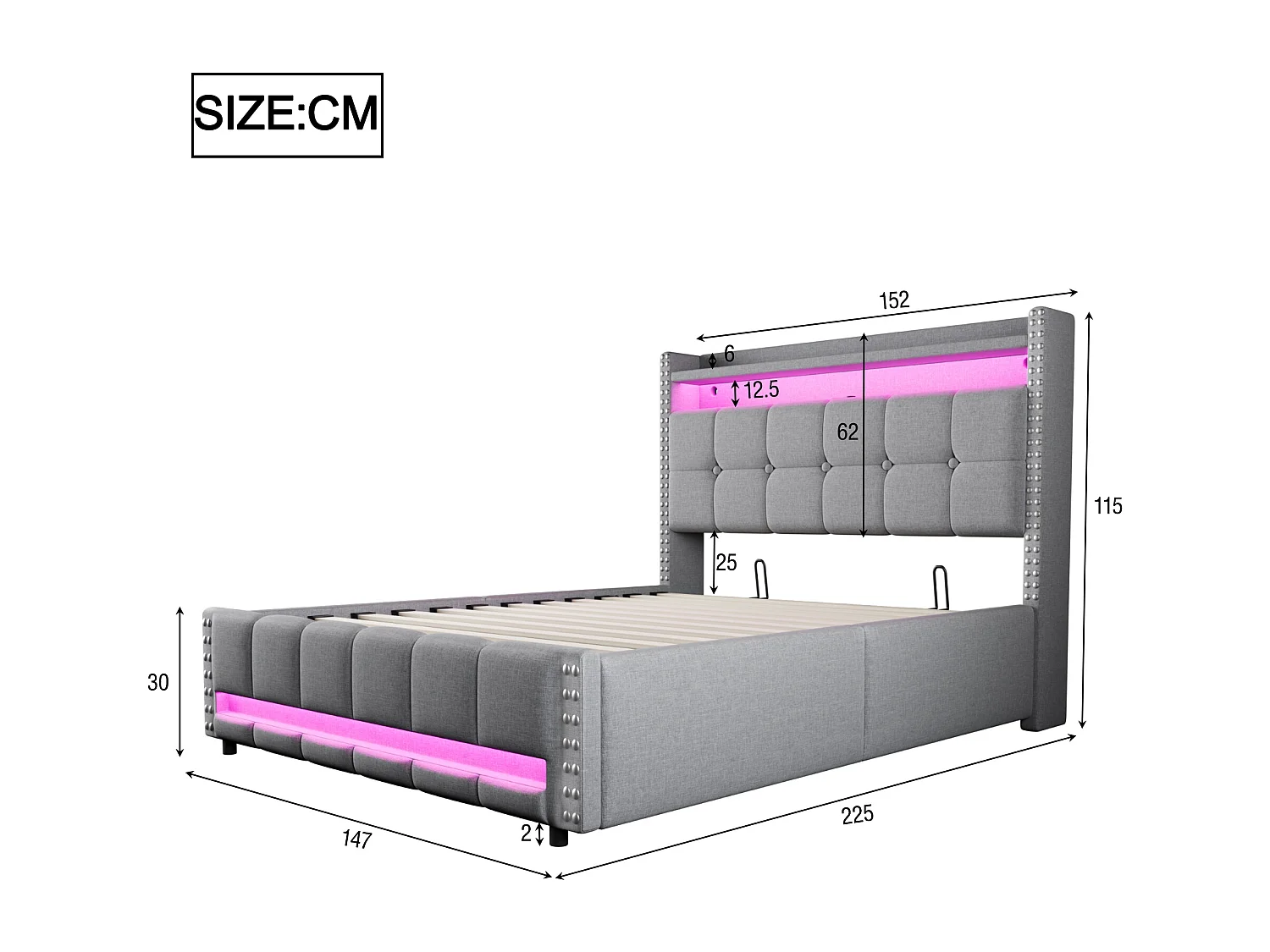 Cama com arrumação 140x200cm - Cama de adulto com iluminação LED e entrada USB - Cabeceira com prateleiras e espaço para arrumação - Linho cinza claro