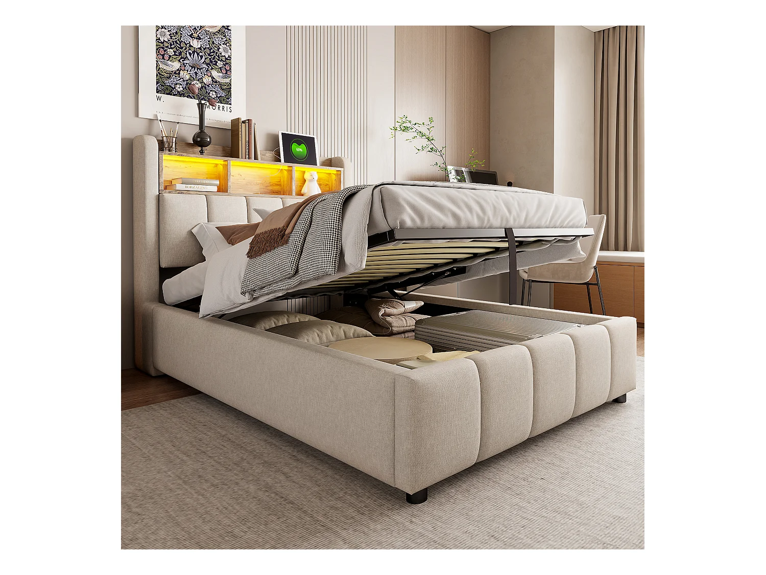 90x200cm Bett mit Stauraum - Kinderbett mit LED-Beleuchtung und USB-Ladefunktion - kopfteil mit regalen und stauraum - beige leinen