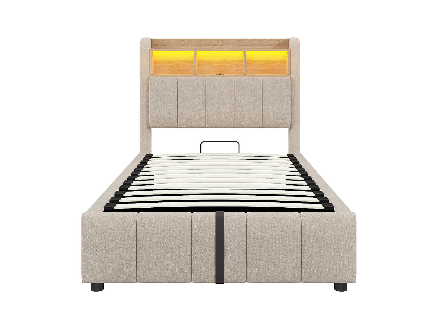 90x200cm Bett mit Stauraum - Kinderbett mit LED-Beleuchtung und USB-Ladefunktion - kopfteil mit regalen und stauraum - beige leinen