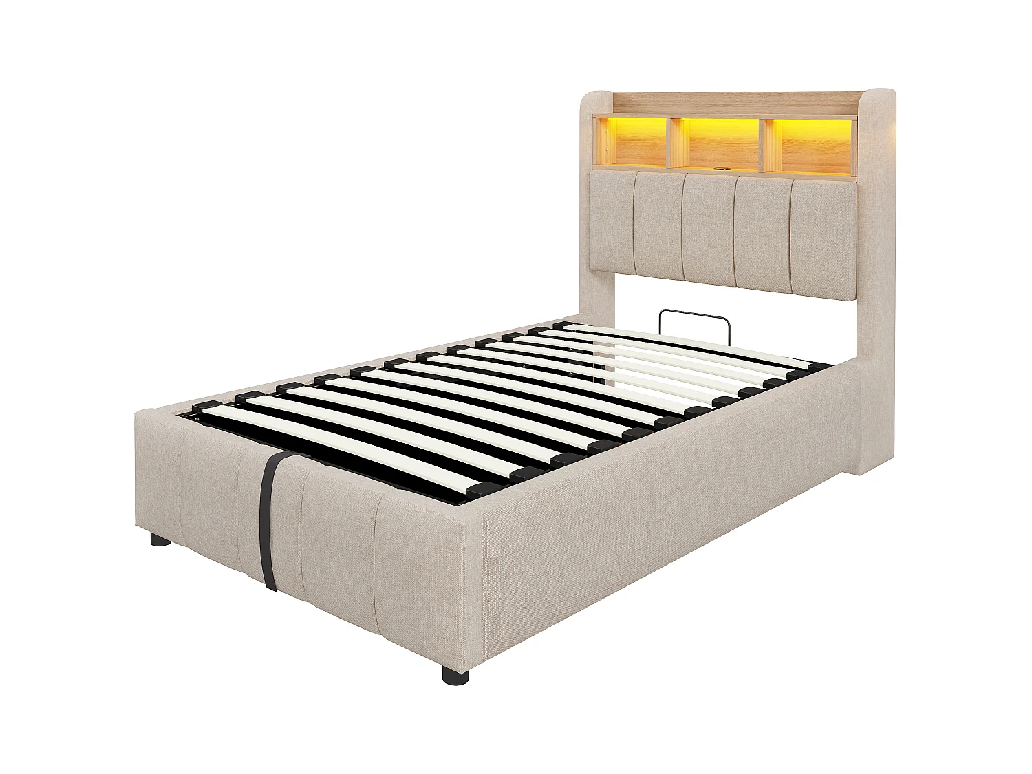 90x200cm Bett mit Stauraum - Kinderbett mit LED-Beleuchtung und USB-Ladefunktion - kopfteil mit regalen und stauraum - beige leinen