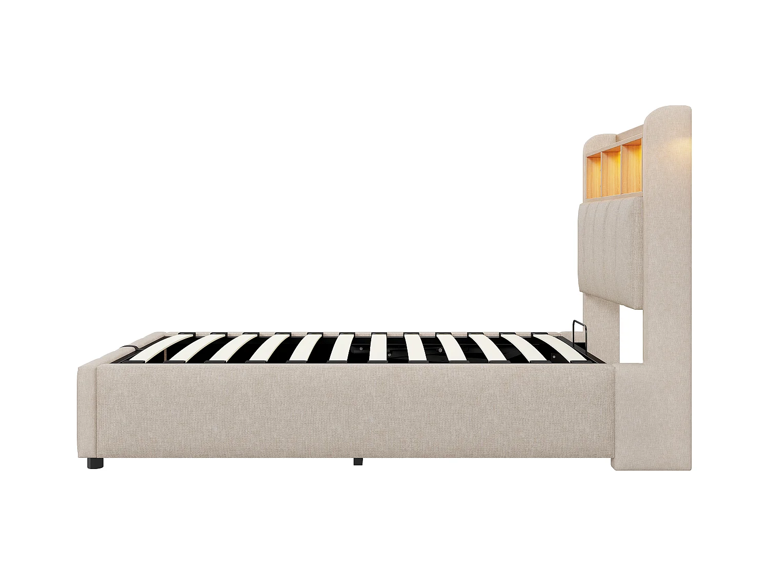 90x200cm Bett mit Stauraum - Kinderbett mit LED-Beleuchtung und USB-Ladefunktion - kopfteil mit regalen und stauraum - beige leinen