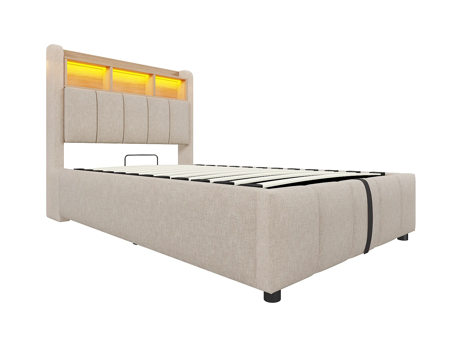 90x200cm Bett mit Stauraum - Kinderbett mit LED-Beleuchtung und USB-Ladefunktion - kopfteil mit regalen und stauraum - beige leinen