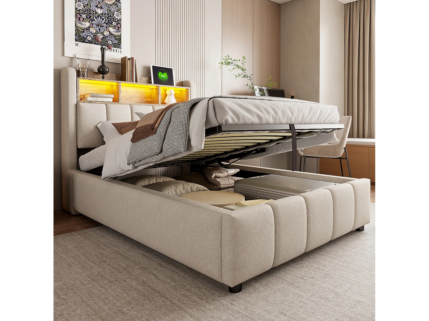 90x200cm Bett mit Stauraum - Kinderbett mit LED-Beleuchtung und USB-Ladefunktion - kopfteil mit regalen und stauraum - beige leinen