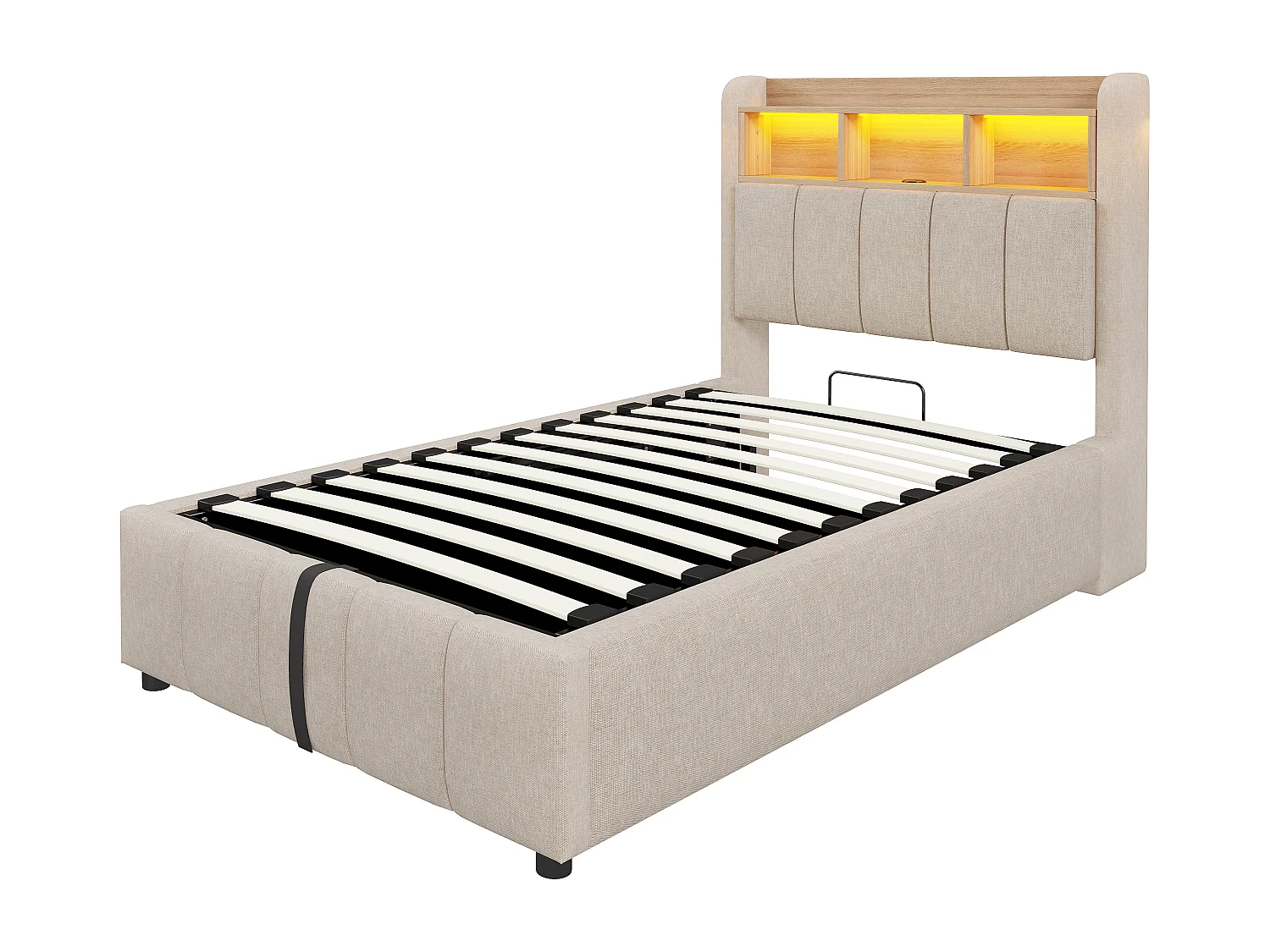 90x200cm Bett mit Stauraum - Kinderbett mit LED-Beleuchtung und USB-Ladefunktion - kopfteil mit regalen und stauraum - beige leinen
