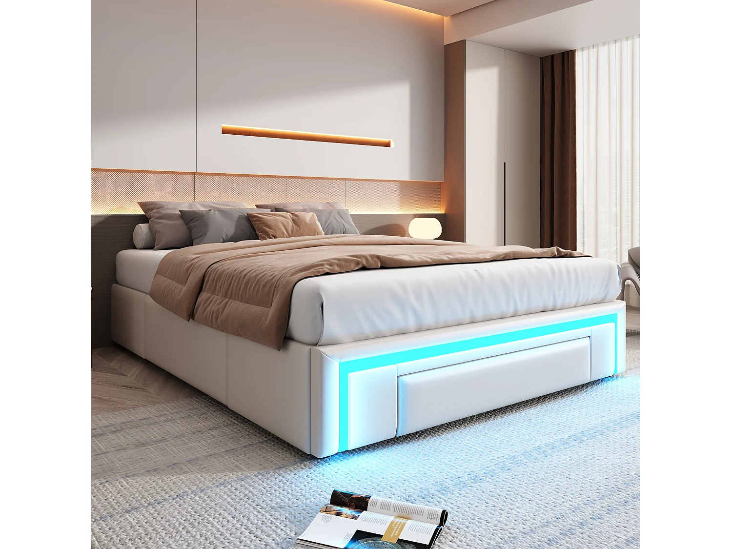 Łóżko dla dorosłych 180 x 200 cm – Łóżko podwójne z oświetleniem LED i 3 szufladami – Beżowe – Bez materaca