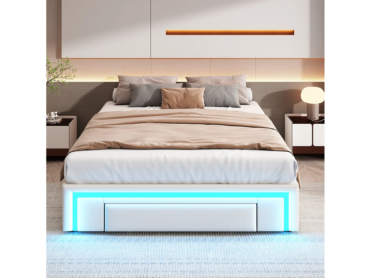 Łóżko dla dorosłych 180 x 200 cm – Łóżko podwójne z oświetleniem LED i 3 szufladami – Beżowe – Bez materaca