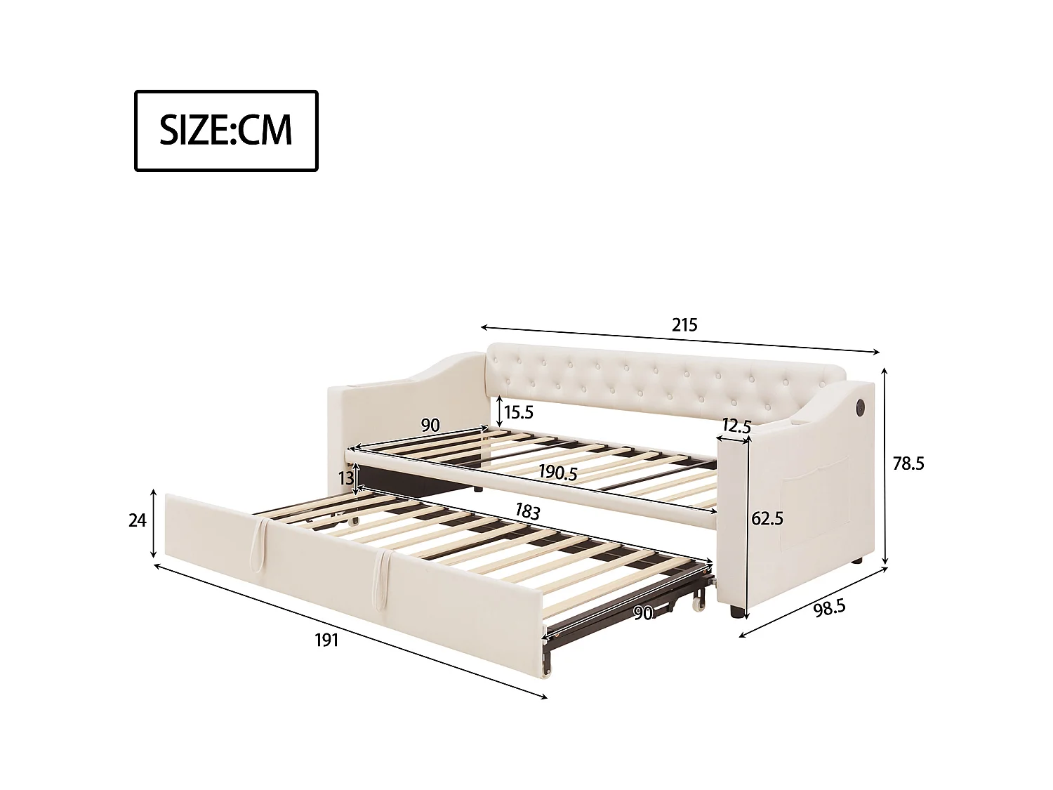 Lit adulte 90/180x190 cm - Cadre de lit avec chargement USB et poche de rangement - rangements intégrés dans les accoudoirs - velours beige