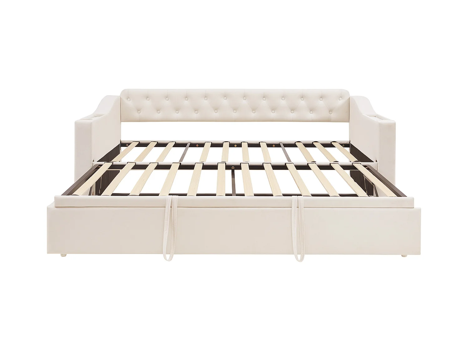 Lit adulte 90/180x190 cm - Cadre de lit avec chargement USB et poche de rangement - rangements intégrés dans les accoudoirs - velours beige
