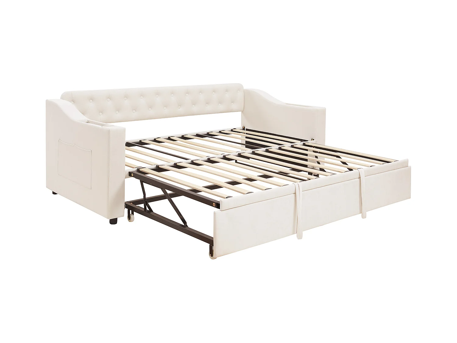 Lit adulte 90/180x190 cm - Cadre de lit avec chargement USB et poche de rangement - rangements intégrés dans les accoudoirs - velours beige