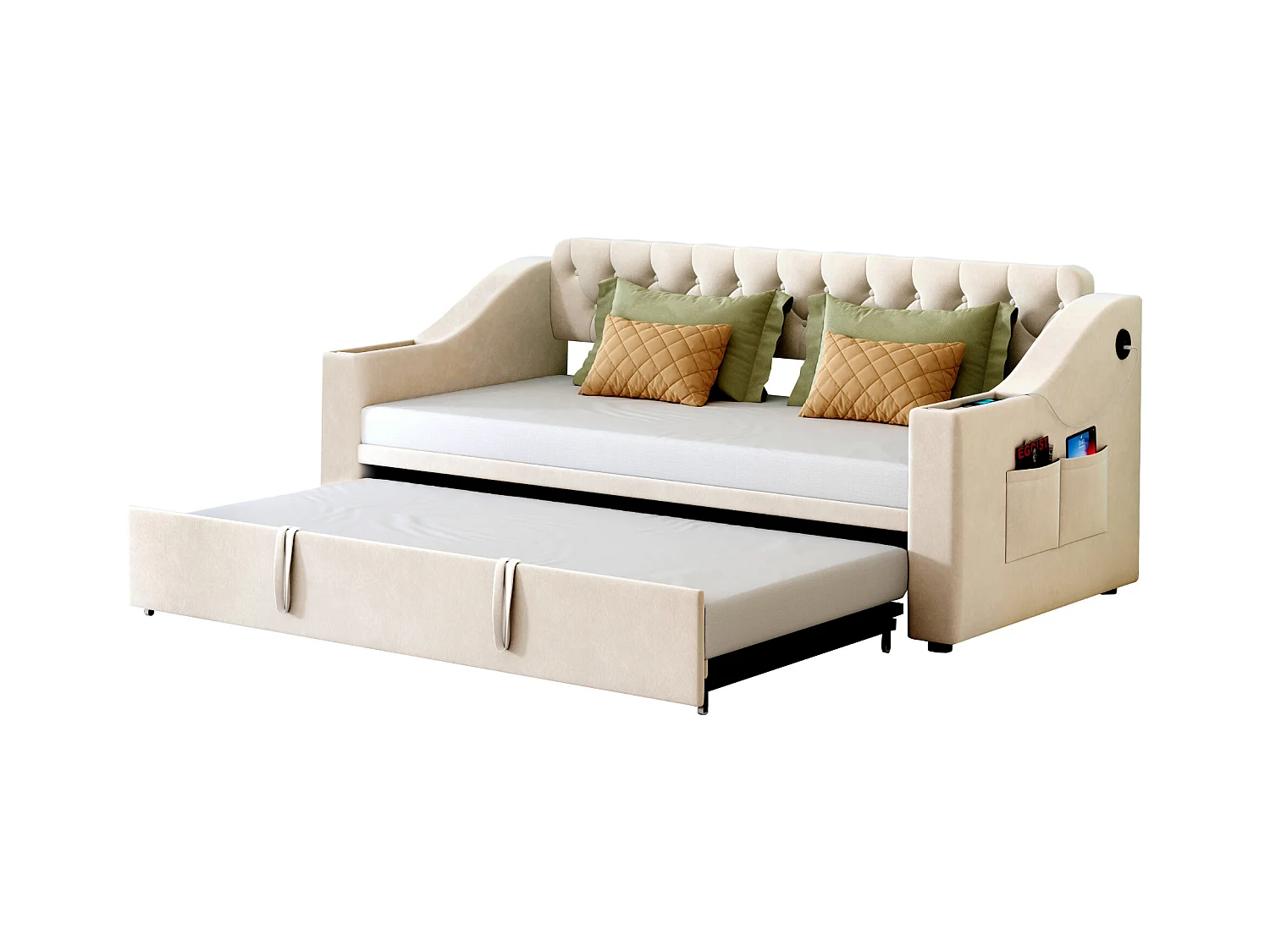 Lit adulte 90/180x190 cm - Cadre de lit avec chargement USB et poche de rangement - rangements intégrés dans les accoudoirs - velours beige