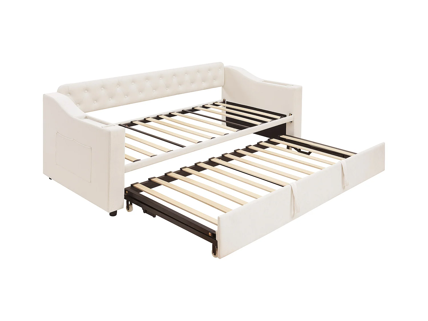 Lit adulte 90/180x190 cm - Cadre de lit avec chargement USB et poche de rangement - rangements intégrés dans les accoudoirs - velours beige