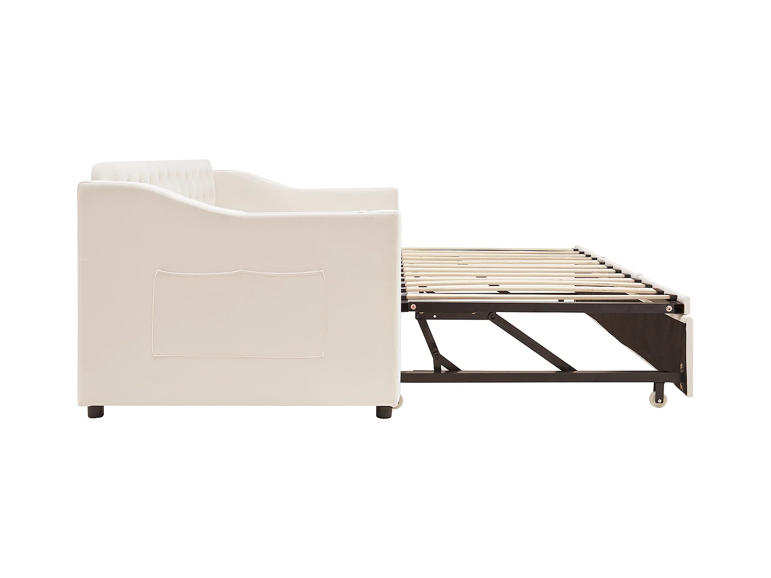 Lit adulte 90/180x190 cm - Cadre de lit avec chargement USB et poche de rangement - rangements intégrés dans les accoudoirs - velours beige