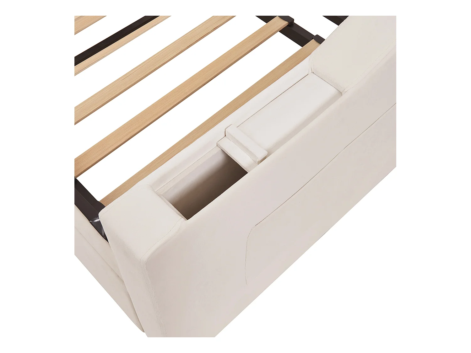 Lit adulte 90/180x190 cm - Cadre de lit avec chargement USB et poche de rangement - rangements intégrés dans les accoudoirs - velours beige