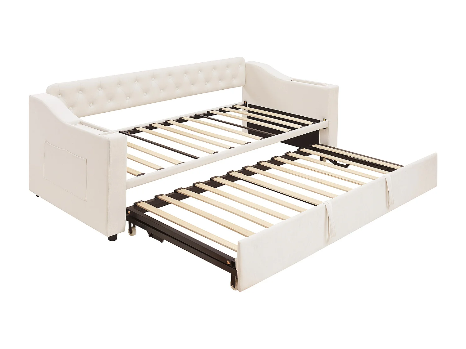 Letto per adulti 90/180x190 cm - Struttura letto con ricarica USB e tasca portaoggetti - contenitore integrato nei braccioli - velluto beige