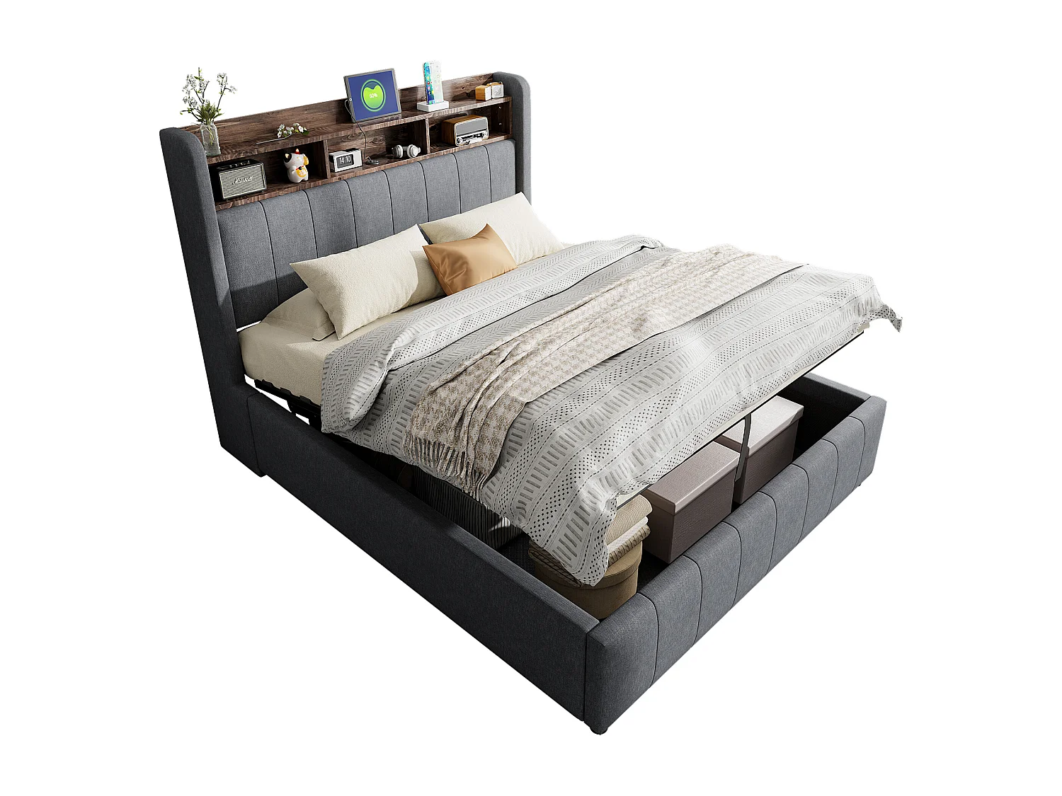 Łóżko 140x200 cm z pojemnikiem - Łóżko dla dorosłych z oświetleniem LED i ładowaniem USB - Zagłówek z półkami i schowkiem - szary len