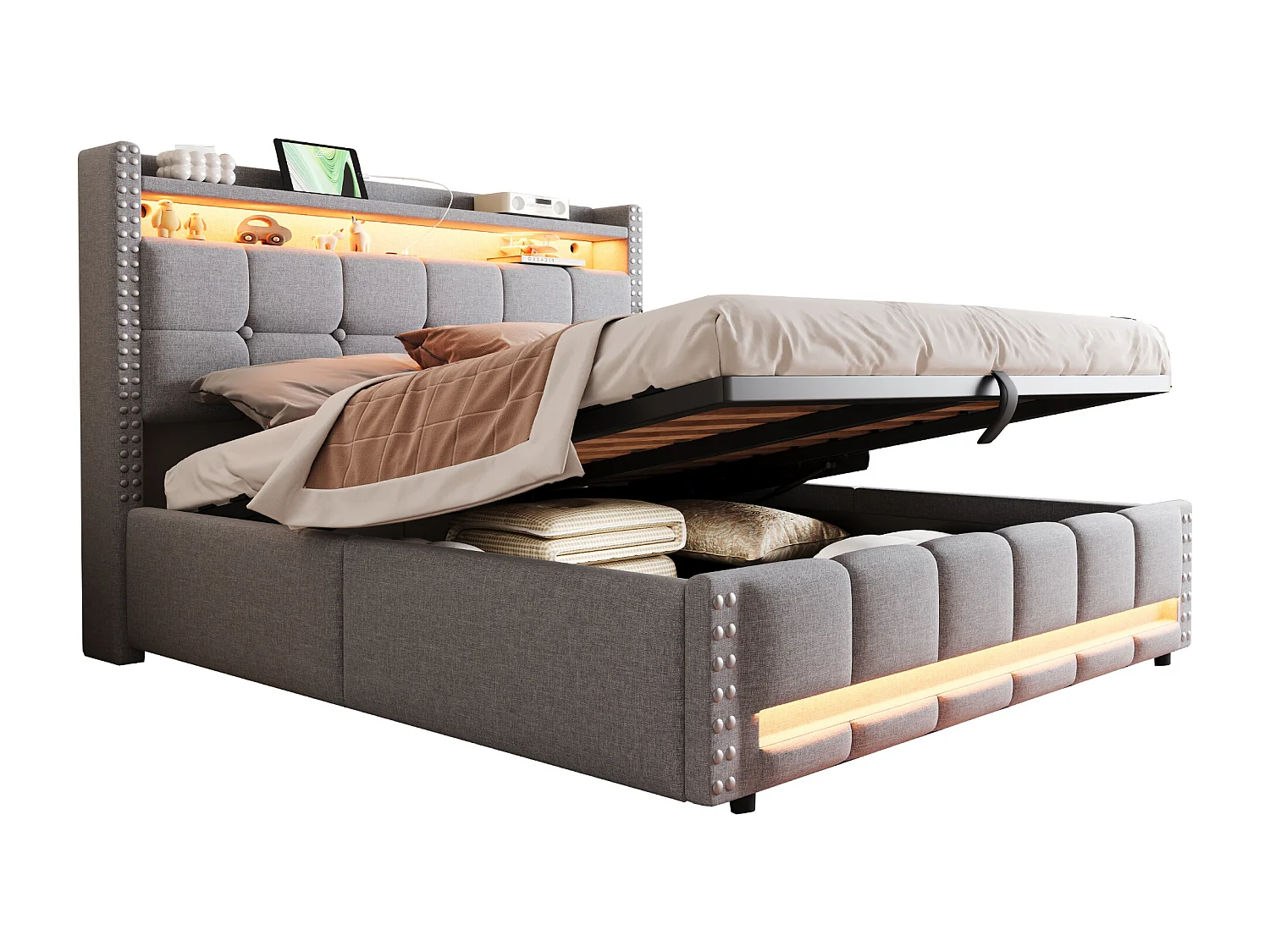 160 x 200 cm Bett mit Stauraum – Erwachsenenbett mit LED-Beleuchtung und USB-Anschluss – kopfteil mit regalen und stauraum – hellgraues leinen