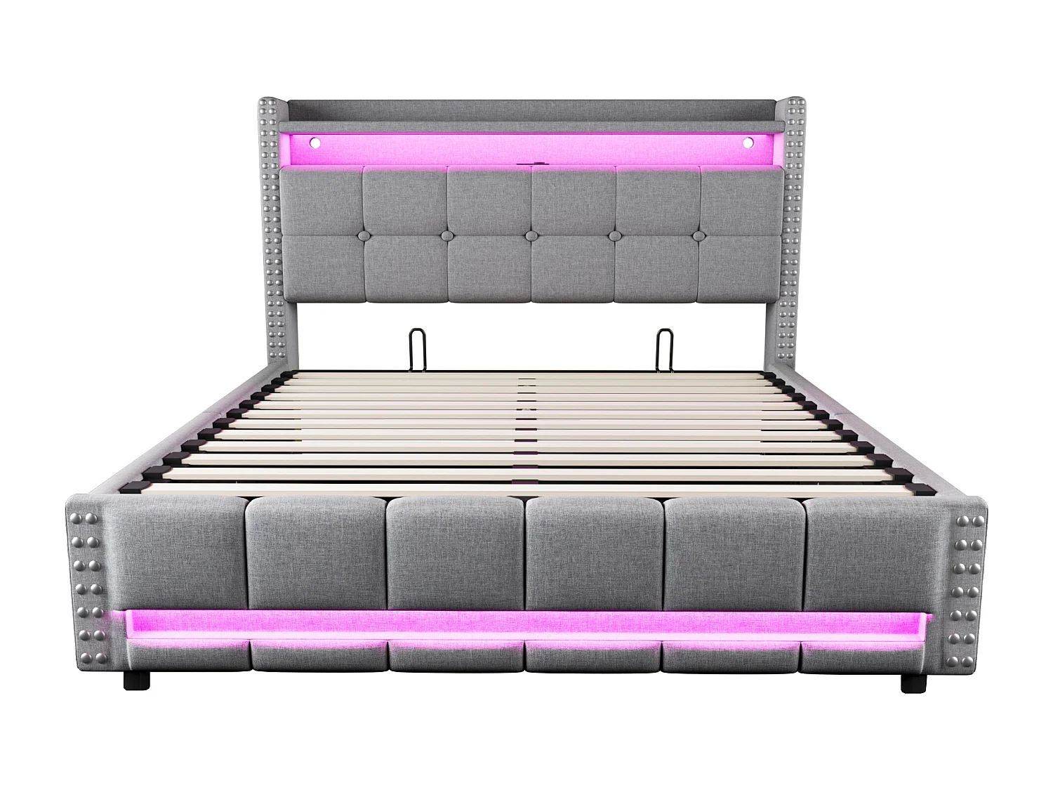 160 x 200 cm Bett mit Stauraum – Erwachsenenbett mit LED-Beleuchtung und USB-Anschluss – kopfteil mit regalen und stauraum – hellgraues leinen