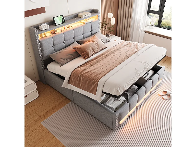 160 x 200 cm Bett mit Stauraum – Erwachsenenbett mit LED-Beleuchtung und USB-Anschluss – kopfteil mit regalen und stauraum – hellgraues leinen