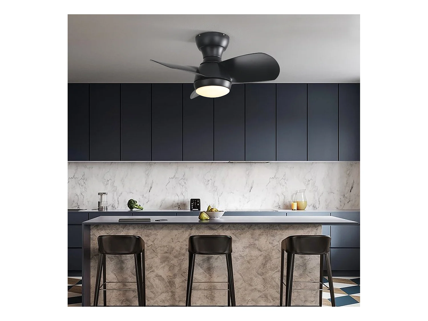 Ventilateur de plafond noir 23 pouces ---- Ventilateur de plafond avec lumière LED et 3 pales en ABS --- pour chambre