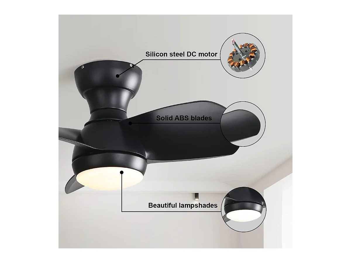 Ventilateur de plafond noir 23 pouces ---- Ventilateur de plafond avec lumière LED et 3 pales en ABS --- pour chambre