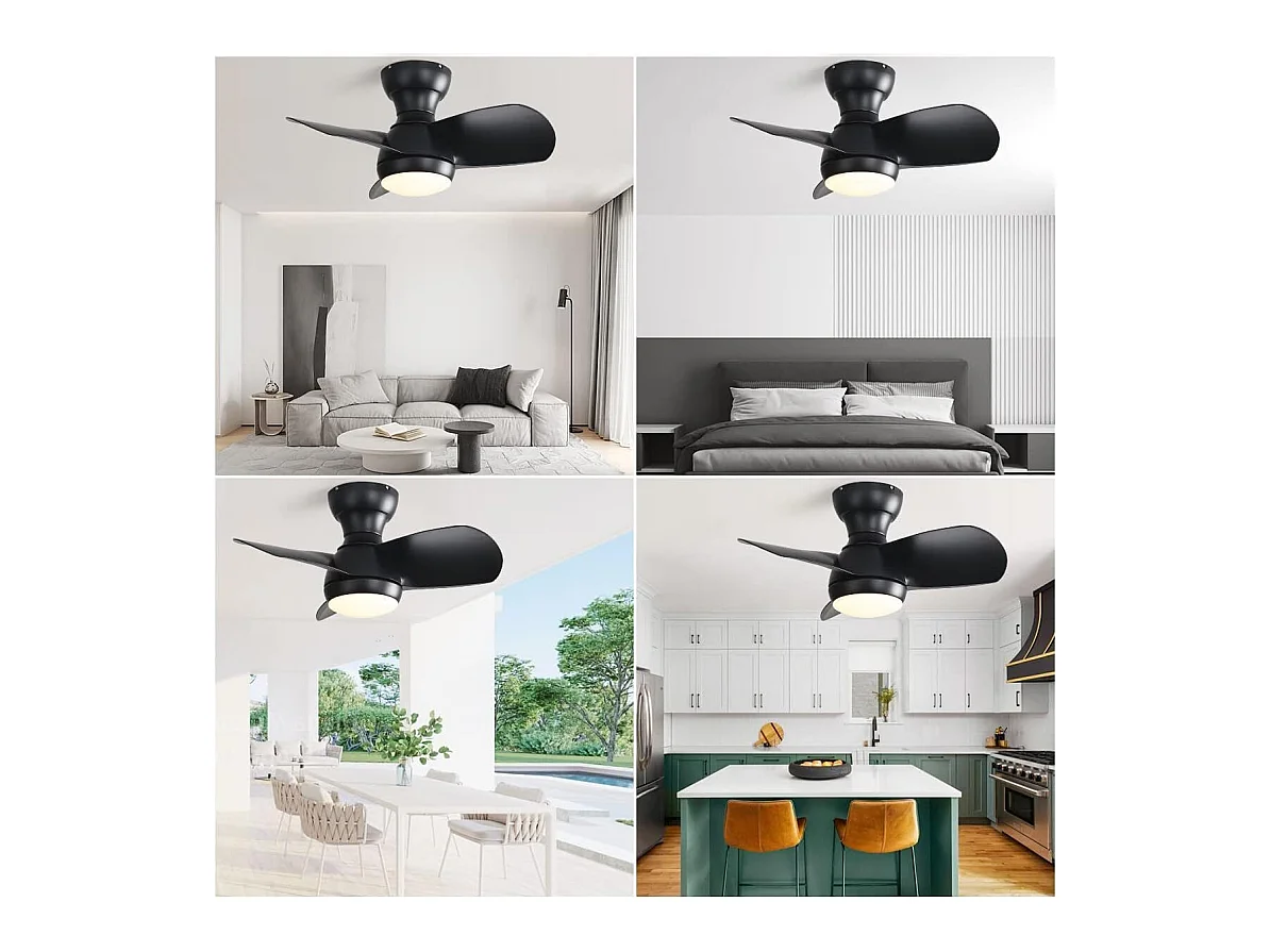 Ventilateur de plafond noir 23 pouces ---- Ventilateur de plafond avec lumière LED et 3 pales en ABS --- pour chambre