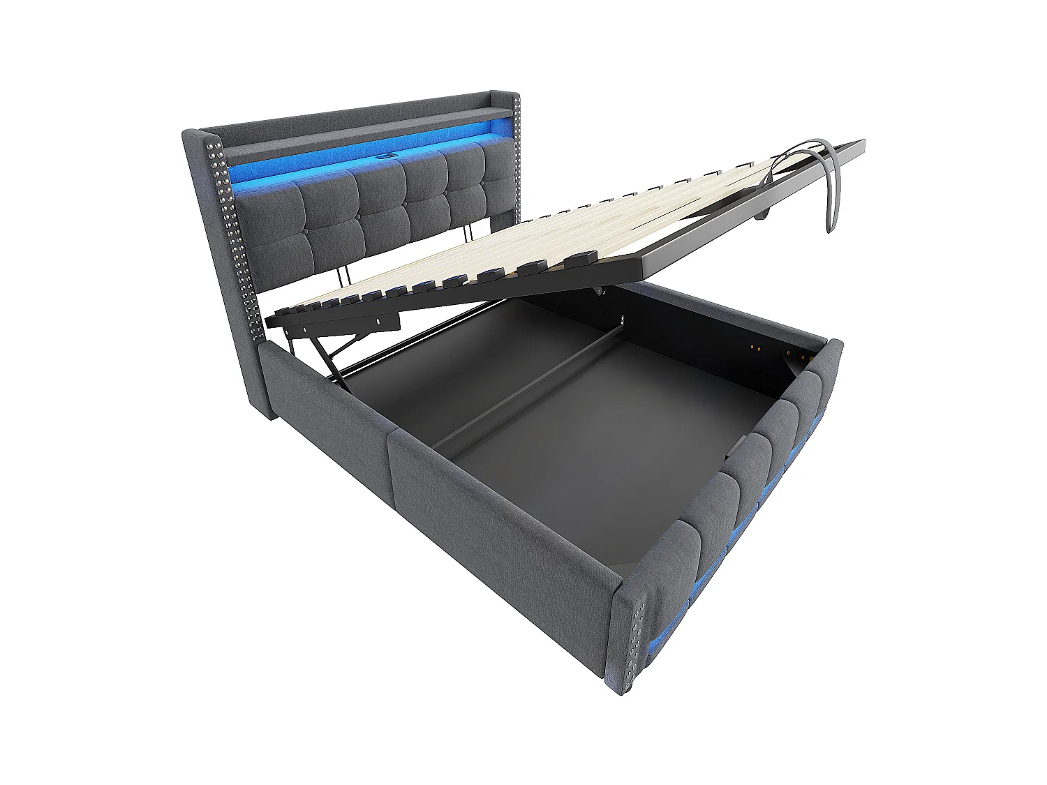 Cama com arrumação 140x200cm - Cama de adulto com iluminação LED e carregamento USB - Cabeceira com prateleiras e espaço para arrumação - Linho cinzento