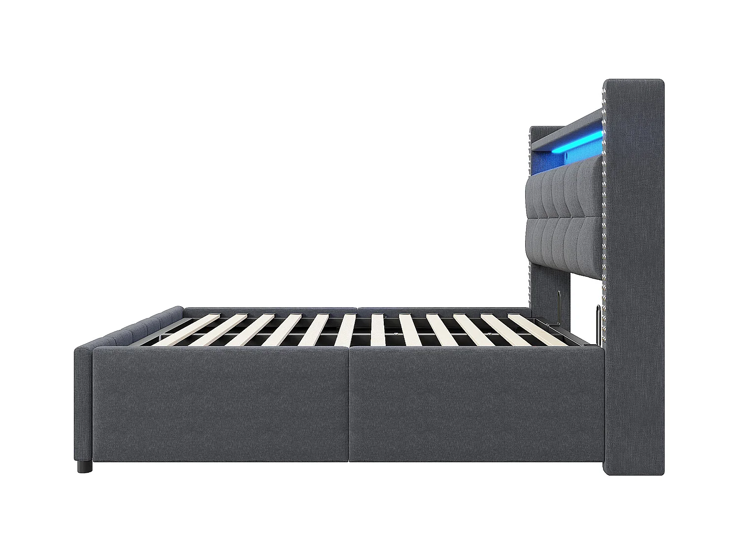 Cama com arrumação 140x200cm - Cama de adulto com iluminação LED e carregamento USB - Cabeceira com prateleiras e espaço para arrumação - Linho cinzento
